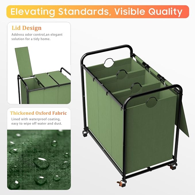 180L Laundry Sorter 3 Section, Rolling Laundry Basket - Image 4
