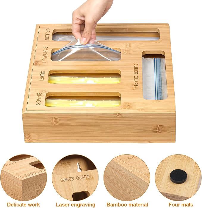 DUJEN Plastic Bag Organizer for Drawer, Bamboo Food Storage Bags Container - Image 6