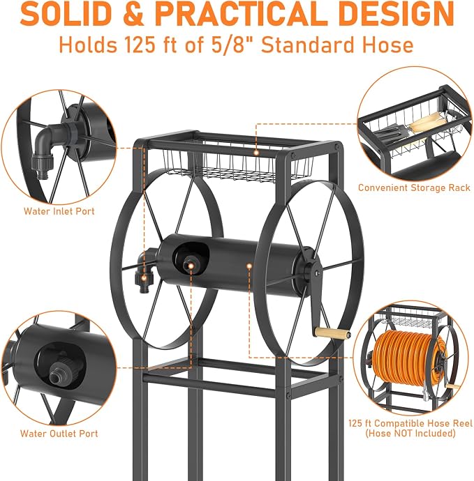 Garden Hose Reel Stand with Storage Rack - 125ft 5/8" Water Hose Organizer - Image 2