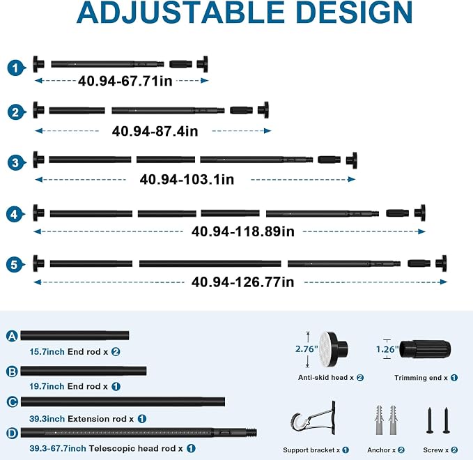 AIZESI 41-124 Inch Heavy Duty Black Tension Curtain Rod - Image 4