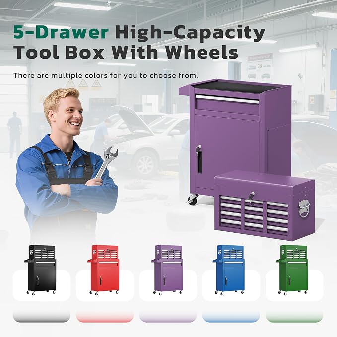 Greenvelly Tool Chest, 5-Drawer Rolling Tool Chest - Image 9