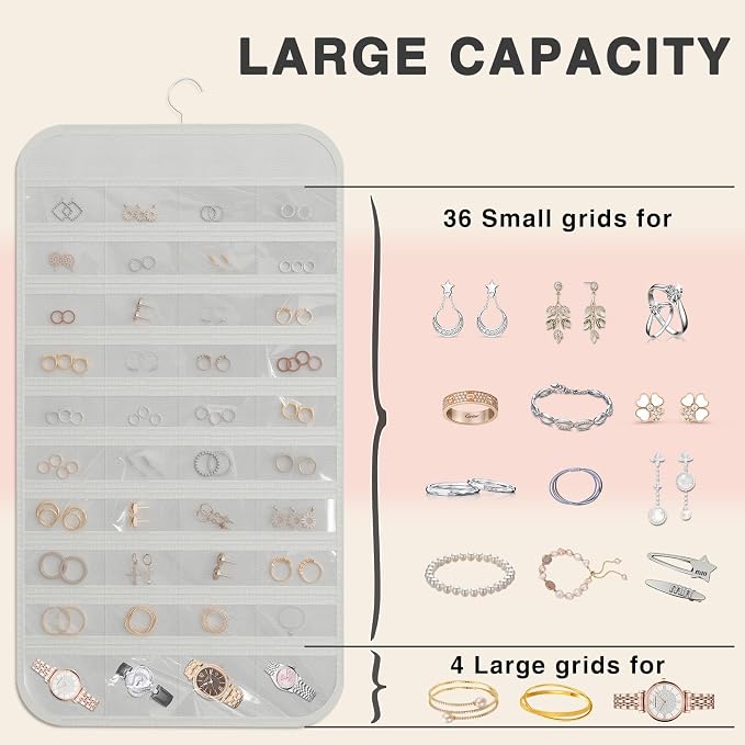 Hanging Jewelry Organizer Storage, 40 Pockets 36 Hooks Necklace Earring - Image 7