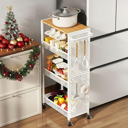 4-Tier Slim Storage Cart with Wheels, Small Mobile Organizer Shelf with Wooden by KITREPAION