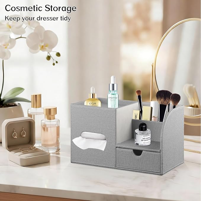 Square Tissue Box Cover with Drawer Storage and Tray on Top, PU Leather Tissues - Image 6