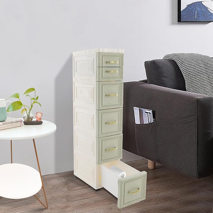 Slim Storage Cabinet with 6 Drawers, Mobile PP Plastic Organizer Rolling Tower - Image 5