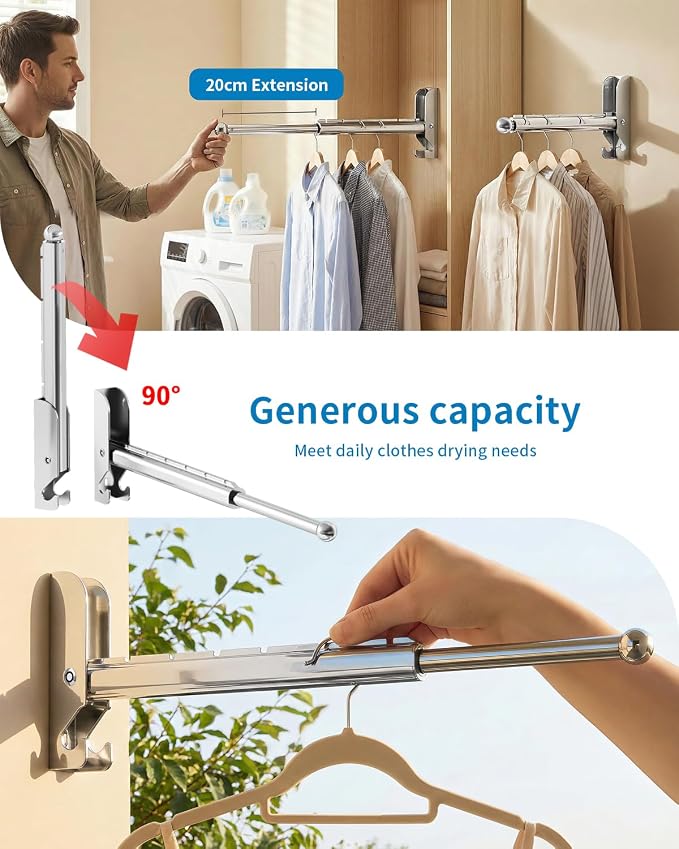 BaiNong Pull Out Wall Mounted Clothes Drying Rack Silver 13" Foldable | Laundry - Image 3