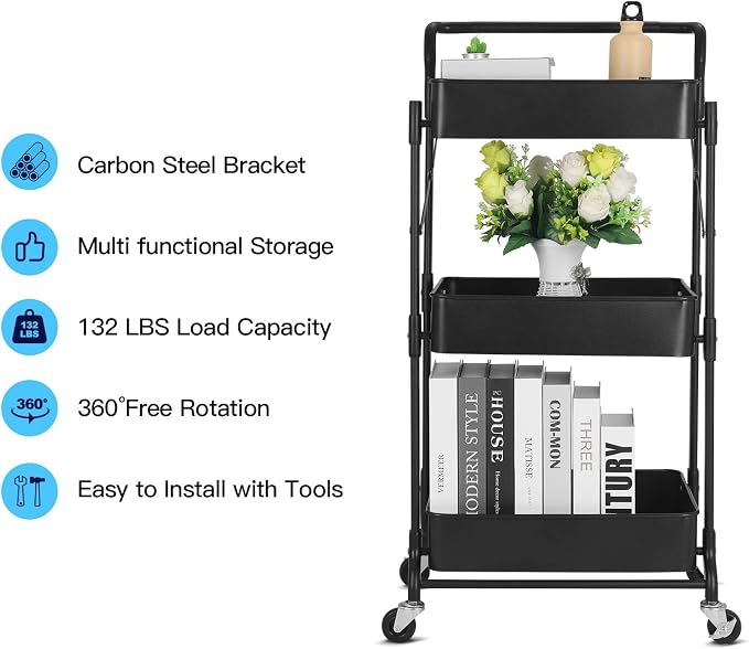 Foldable 3 Tier Metal Utility Rolling Cart, Folding Mobile Multi-Function - Image 3