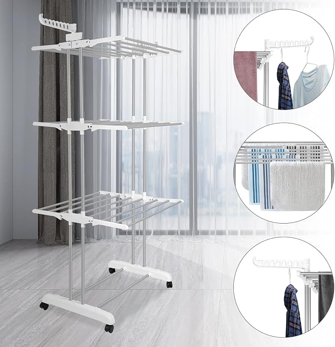 Bigzzia 3 Tier Folding Drying Rack Clothing Clothes Horses Rack Stainless Steel - Image 3