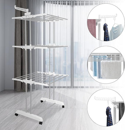 Bigzzia 3 Tier Folding Drying Rack Clothing Clothes Horses Rack Stainless Steel - Image 3