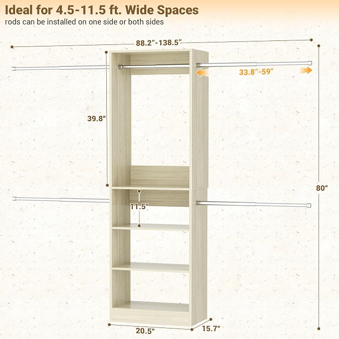 Homieasy Closet System, 4.5-11.5 Ft Expandable Closet Organizer, Light Oak | 5 - Image 3