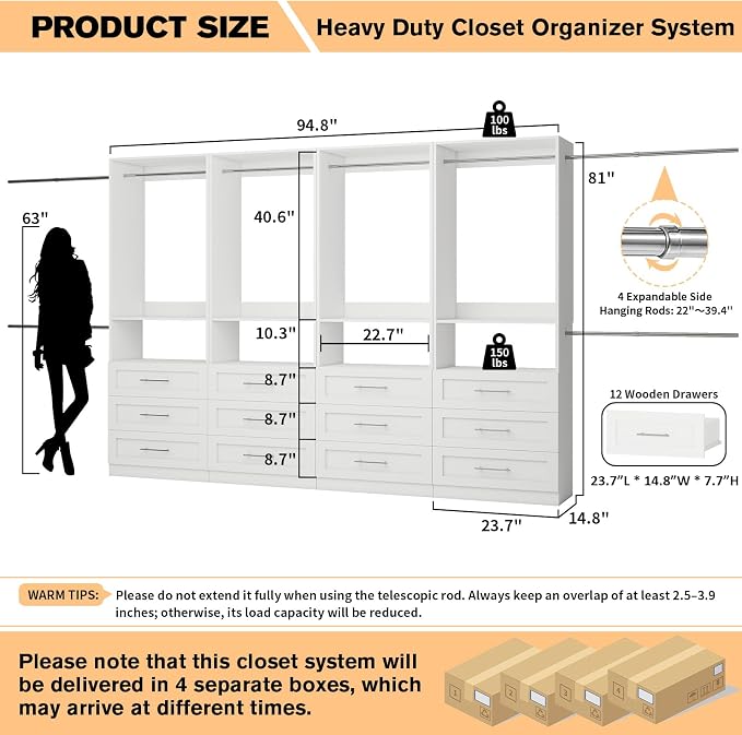 Closet System Sets of 4, 8FT-21FT Customizable Closet Organizer System - Image 2