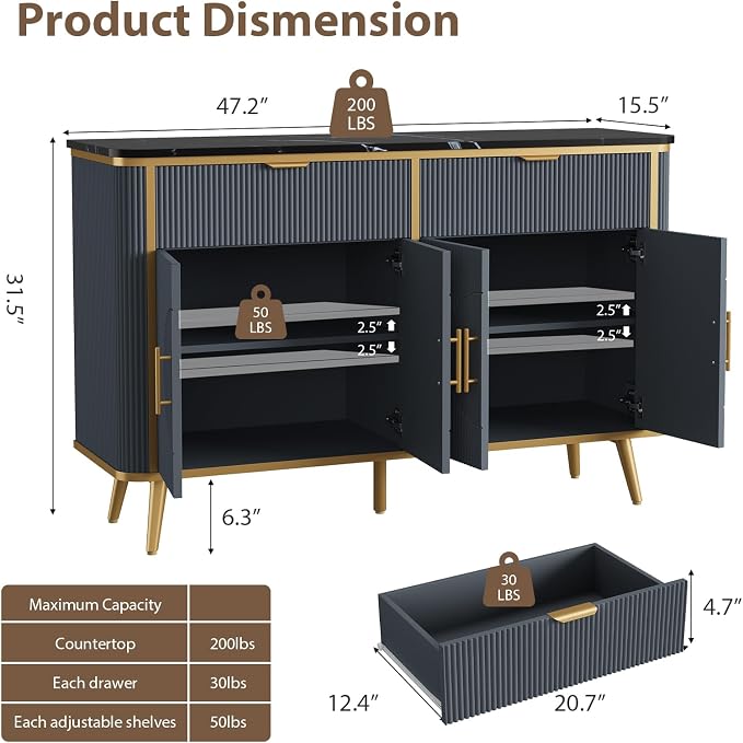47.2" Buffet Storage Cabinet, Modern Fluted Coffee Bar Station - Image 2