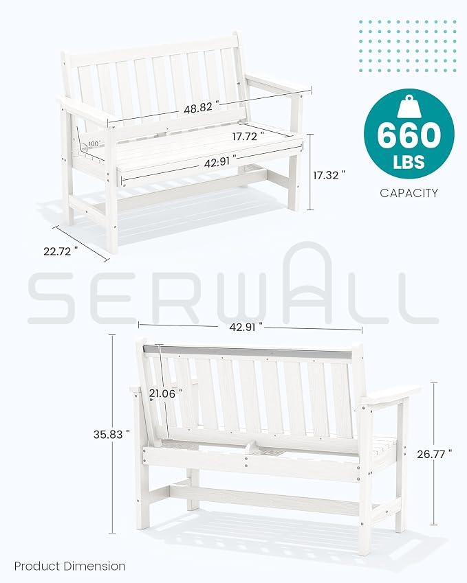 SERWALL HDPE Outdoor Bench, Weatherproof Porch Bench, 1 Pack, Suitable - Image 3