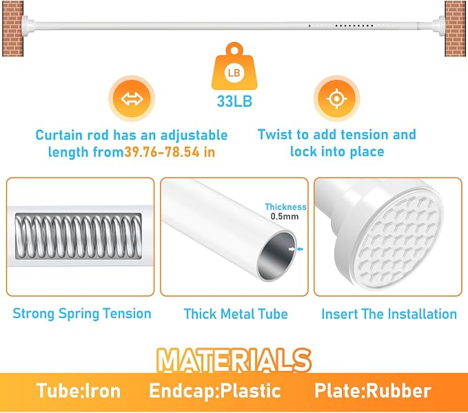 MEXAU White Tension Curtain Rod 40-78 Inch Long Tension Rod 1.26" Spring - Image 3