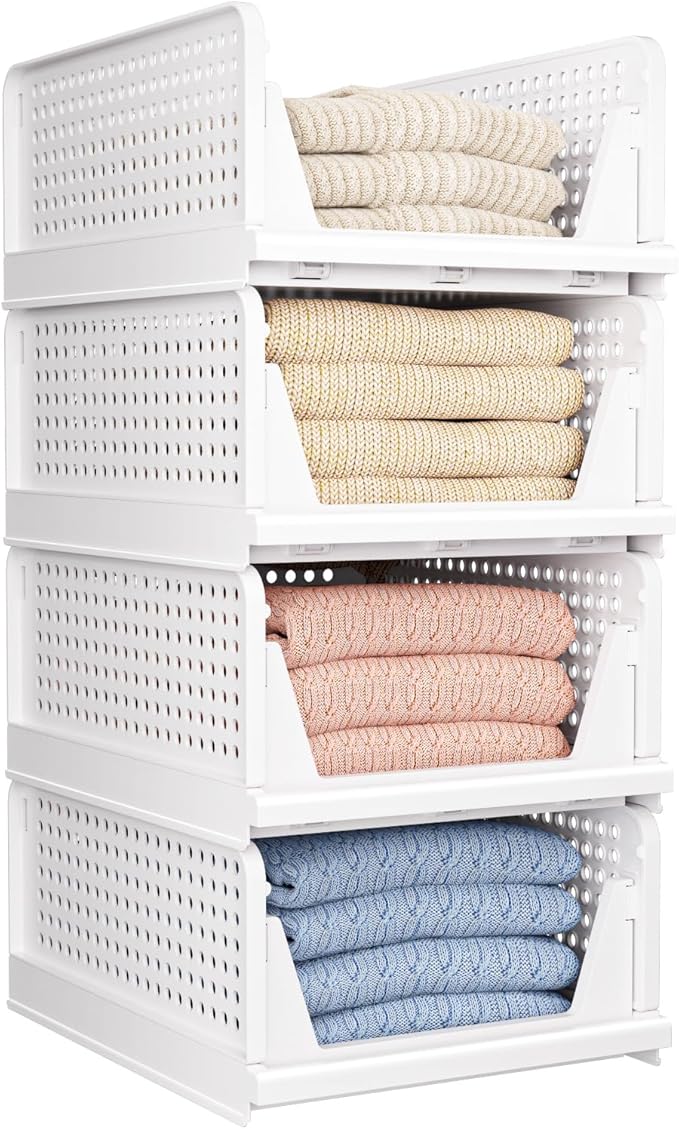 4 Pack Folding Closet Organizers Storage Box, Stackable Storage Bins, Plastic by CTSNSLH