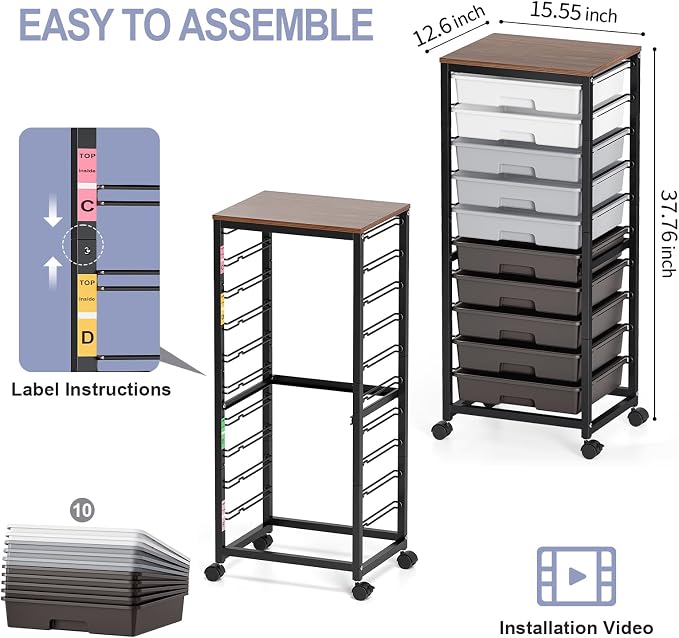 Rolling Cart with Drawers, 10 Drawer Rolling Cart, Storage Cart, Utility Cart - Image 3