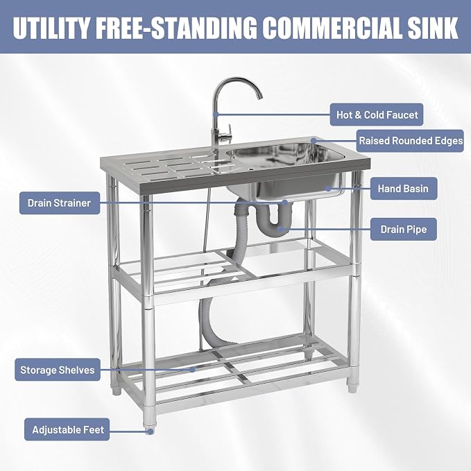 Outdoor Garden Free Standing Utility Stainless Steel Sink, Portable Single Bowl - Image 5