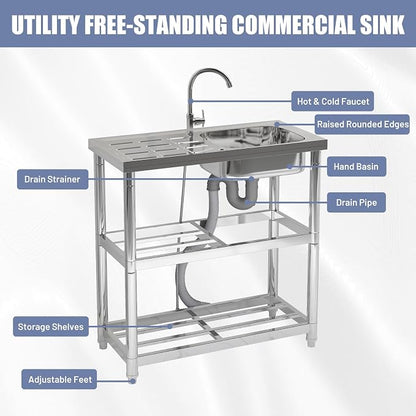 Outdoor Garden Free Standing Utility Stainless Steel Sink, Portable Single Bowl - Image 5