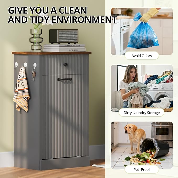 Tilt Out Trash Can Cabinet, 10 Gallon Fluted Laundry Hamper Cabinet - Image 4