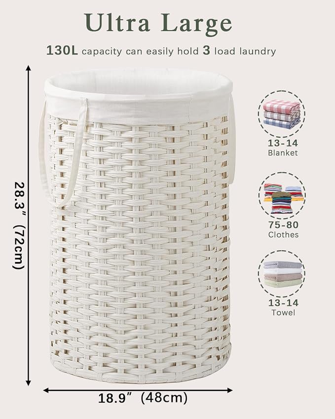 34.3 Gal Large Laundry Hamper Laundry Basket Round Handwoven Wicker Laundry - Image 5