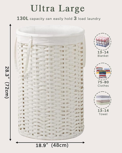 34.3 Gal Large Laundry Hamper Laundry Basket Round Handwoven Wicker Laundry - Image 5