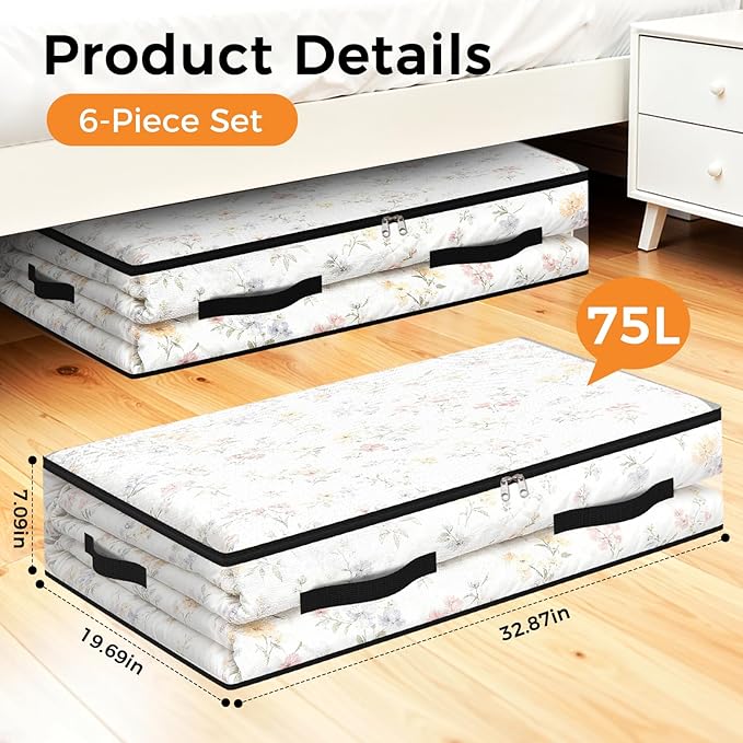 6 Pack Under Bed Storage Bags, 75L Foldable Clear Storage Containers - Image 2