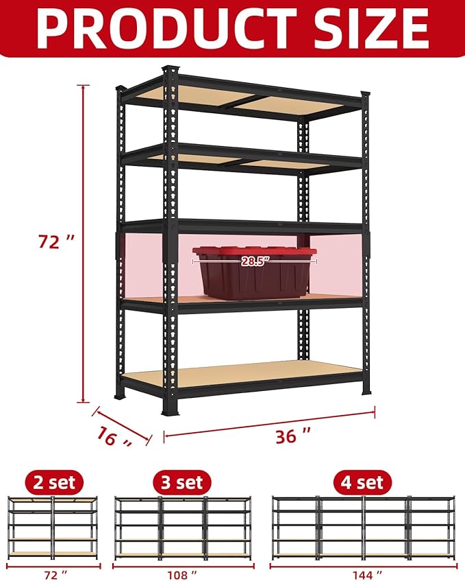 PrimeZone 5-Tier Garage Storage Shelves, Adjustable Metal Shelving, Heavy-Duty - Image 3