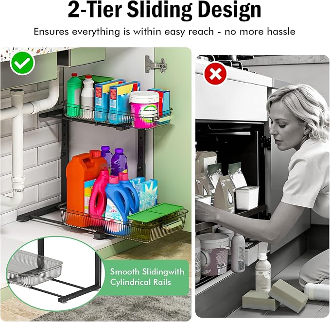 ARSTPEOE 2 Pack Double Sliding Under Sink Organizers and Storage, Two Tier - Image 4