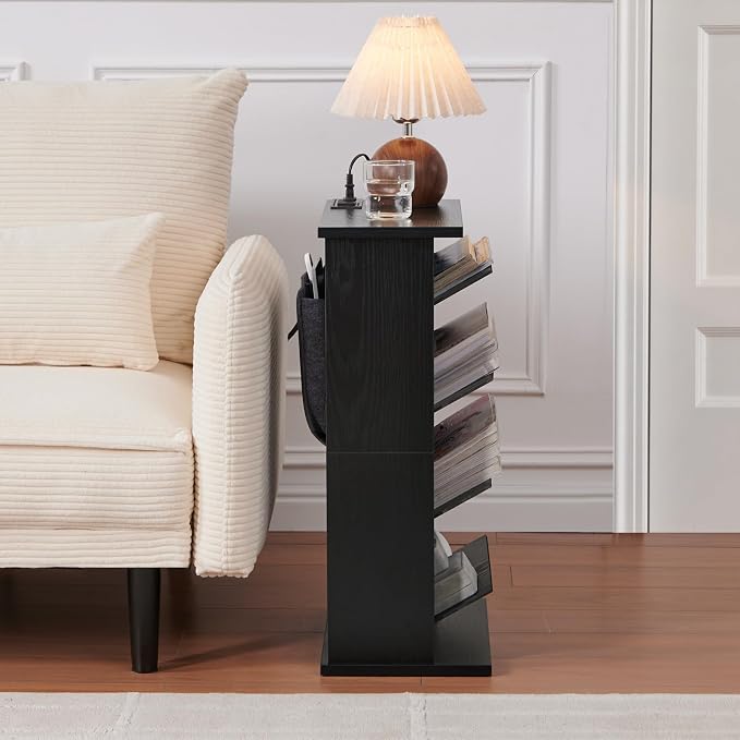 Narrow Side Table with Charging Station Slim End Table with Magazine Book - Image 2
