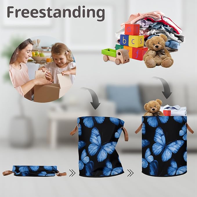 Foldable Laundry Hamper with Elegant Blue Butterfly Pattern - Image 5