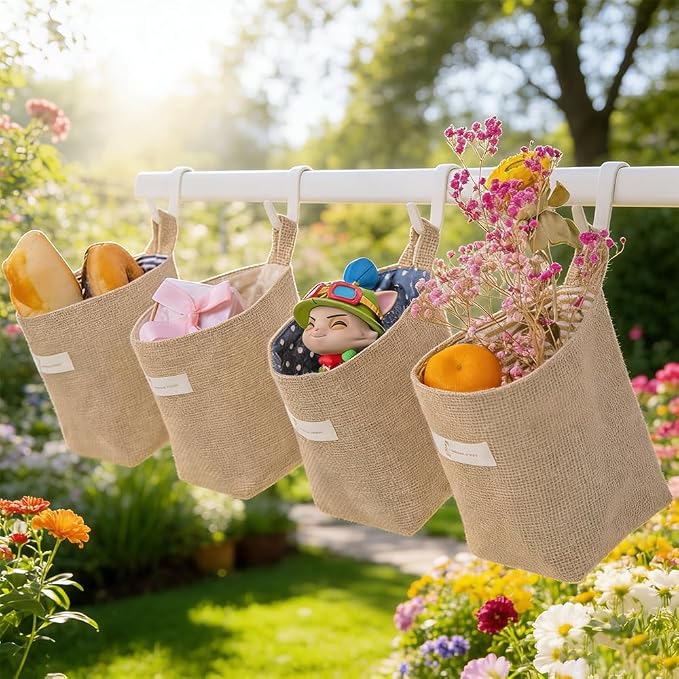 4 Pack Wall Hanging Storage Bags Hanging Storage Bags Cotton Linen Storage - Image 2