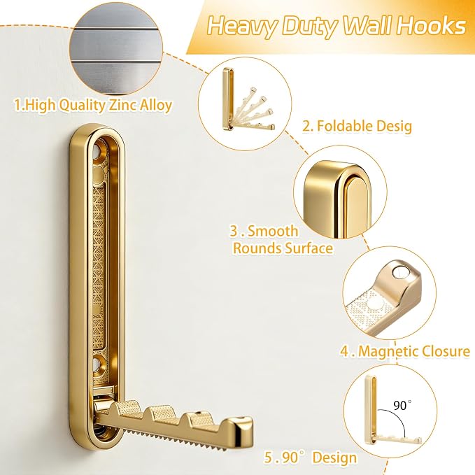 4.33 in Extended Folding Coat Hooks, 2 Pack Gold Wall Hooks, Zinc Alloy | 90° - Image 4