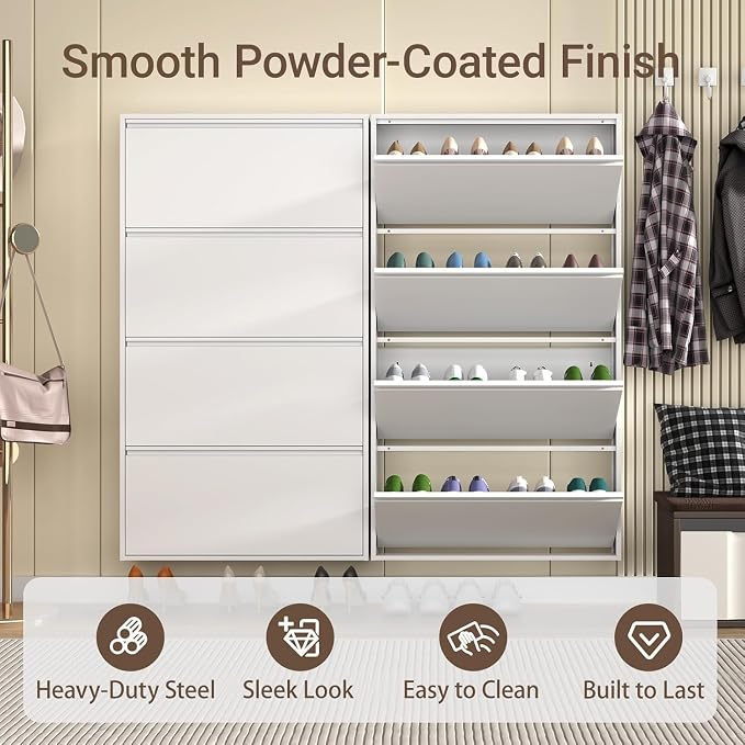 Metal Shoe Cabinet with 4 Flip Drawers, Slim Wall Mounted, Hallway and Mudroom - Image 3