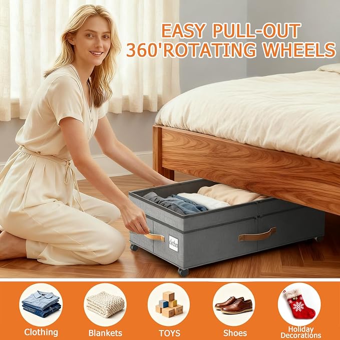 2 Pack Under Bed Storage with Wheels 65L XXL Large Under Bed Storage Containers - Image 2