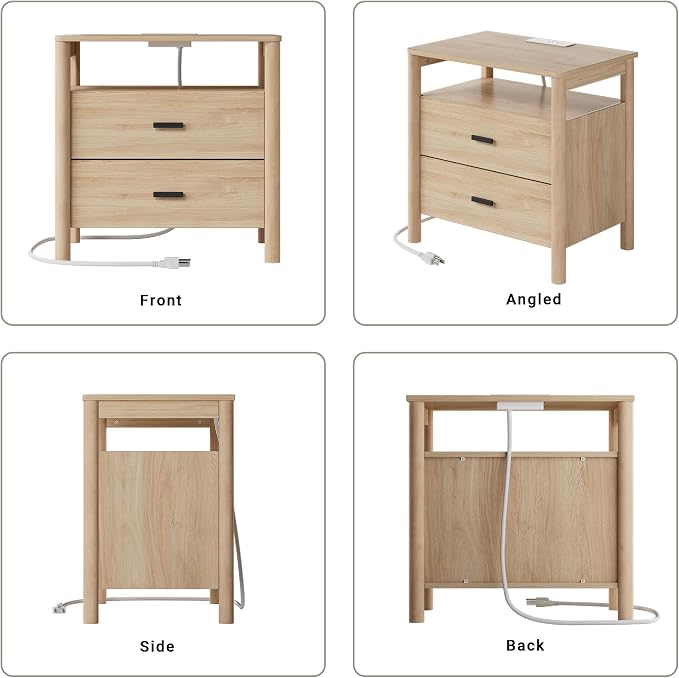 Night Stand Set of 2 with Charging Station, 2 Drawers End Table with Open Shelf - Image 7