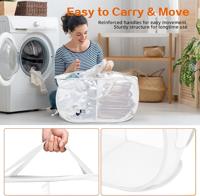 Durable Collapsible Foldable Mesh Pop Up Laundry Basket, 2 Compartments Easy to - Image 5