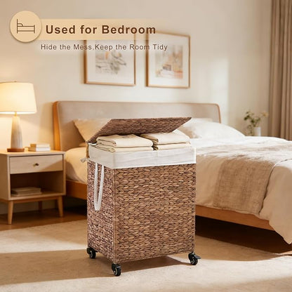 2-Section Laundry Hamper with Lid, Large Capacity Woven Natural Water Hyacinth - Image 5