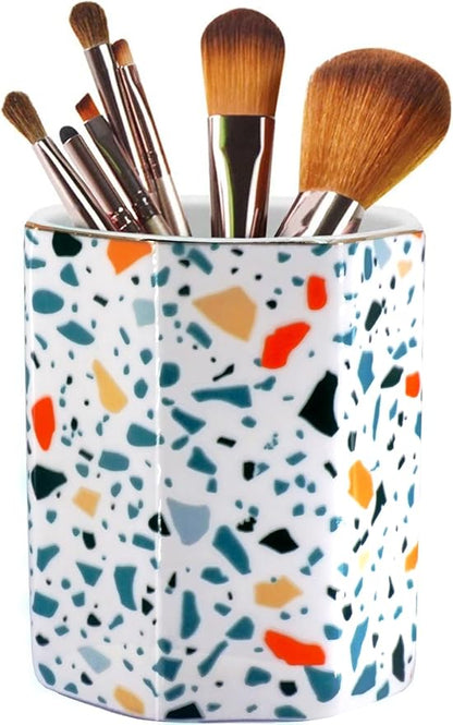 Pen Holder, Makeup Brush Holder Ceramic Shiny Gold Terrazzo Marble Stone by LEAZUL