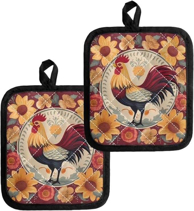 Cartoon Chicken Red Yellow Flowers 2 Pack Pocket Pot Holders Heat Resistant - Image 2