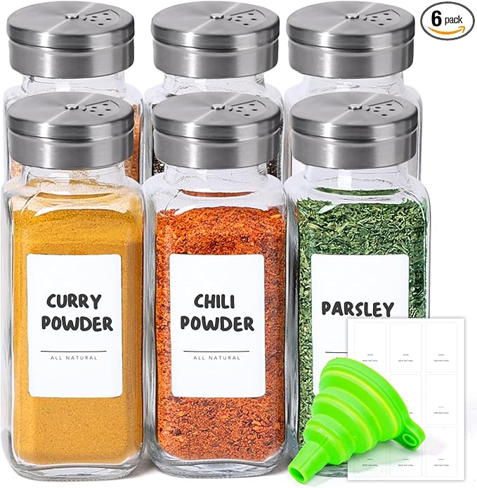 ComSaf Glass Spice Jars with Shaker Lids 8 oz 6 Pack Square | Labels, Seasoning by ComSaf