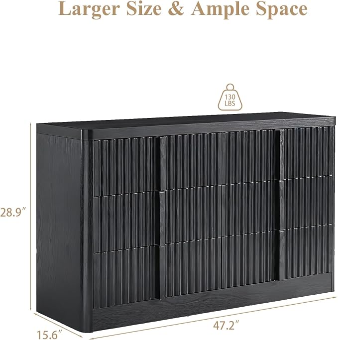 Black Fluted Dresser for Bedroom, Modern TV Stand Set, Curved Profile Design - Image 2
