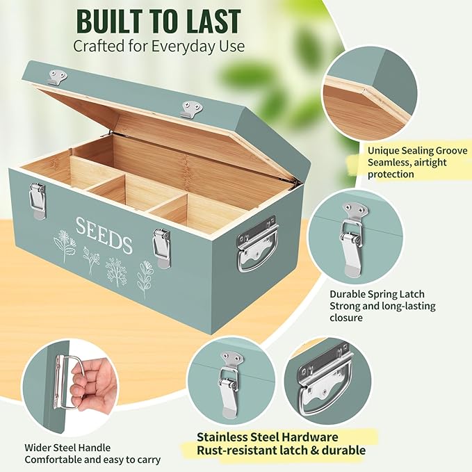 Large Bamboo Wood Seed Storage Organizer Box - Image 3