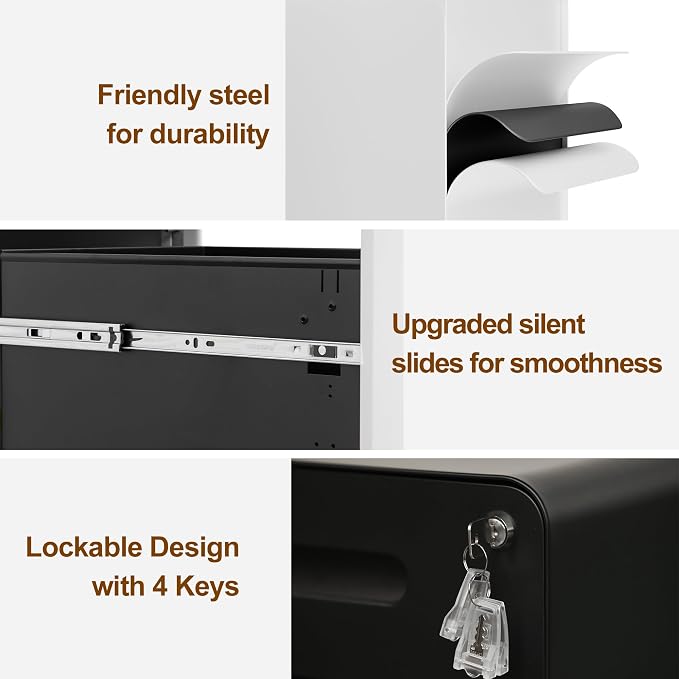 2 Drawer File Cabinet with Lock and 4 Keys, Mobile Metal Filing Cabinet - Image 4