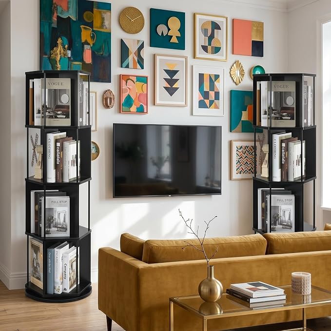 VIWODS 4 Tier Rotating Bookshelf Tower, 360° Display Spinning Bookcase - Image 4