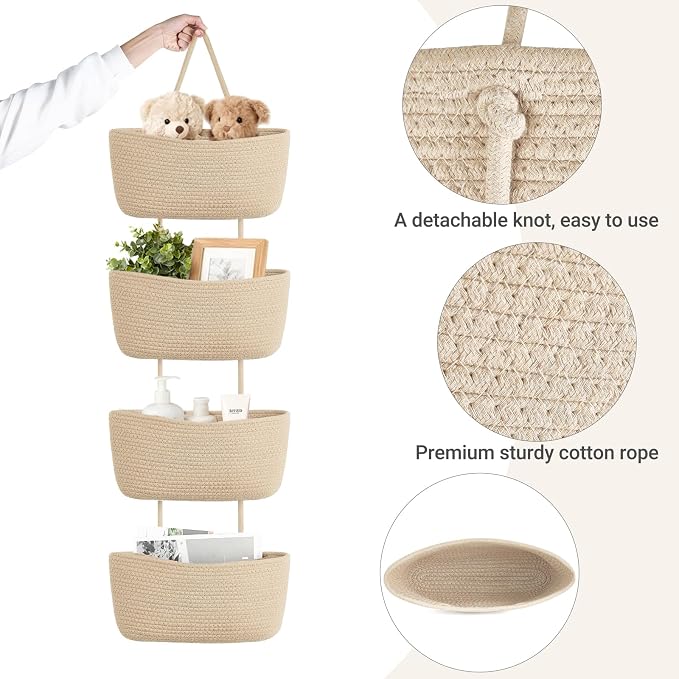 Dahey Over The Door Hanging Basket Storage 4-Tier Woven Wall Basket, Jute | - Image 6