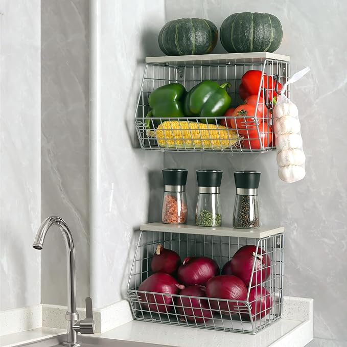 2pcs Silver Fruit Basket, Stackable Wall Mounted Pantry Organizers and Storage - Image 5