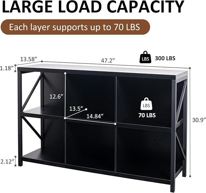 6 Cube Storage Organizer Bookshelf, Industrial Horizontal Bookcase, Accent - Image 2