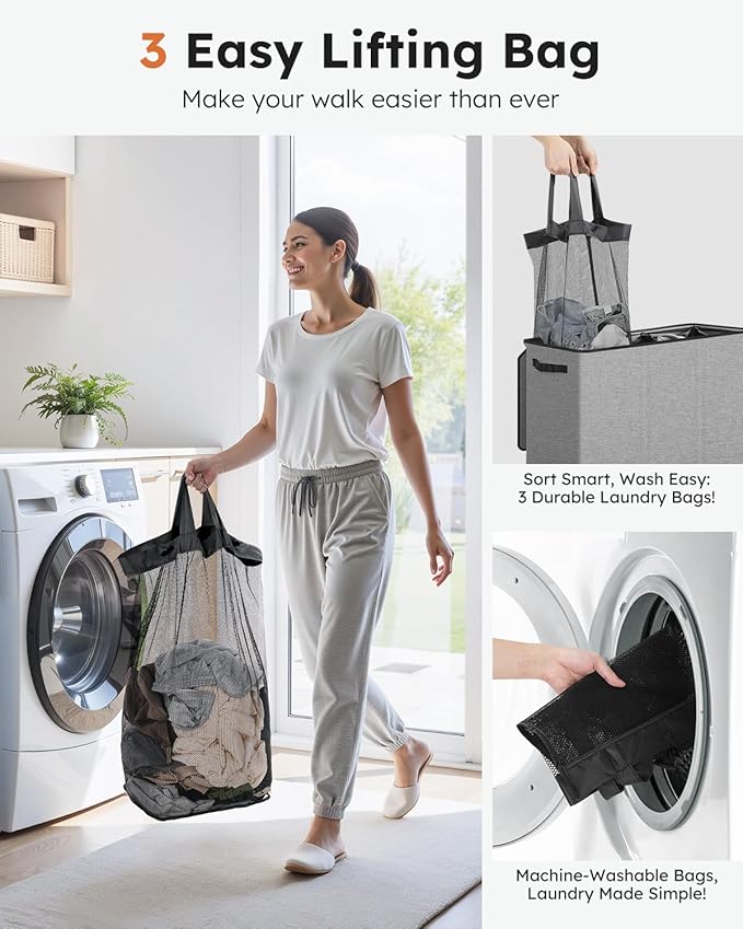 SOLEDI 180L Laundry Hamper 3 Section, Extra Large Laundry Hamper - Image 4