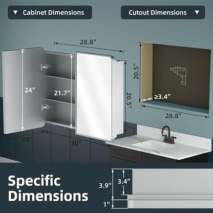 Bathroom Medicine Cabinet with Mirror 24x30Inch, Mirrored Cabinets with Sturdy - Image 4