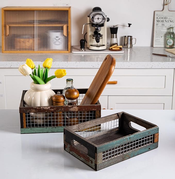 TIMRIS Set of 2 Rustic Wooden Countertop Baskets, Farmhouse Distressed Nesting - Image 2